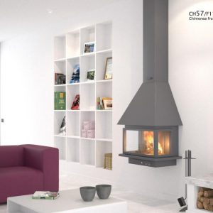 Wall-Mounted Suspended Wood-burning Fireplace CH 57 with Glass 12 kW - Focgrup