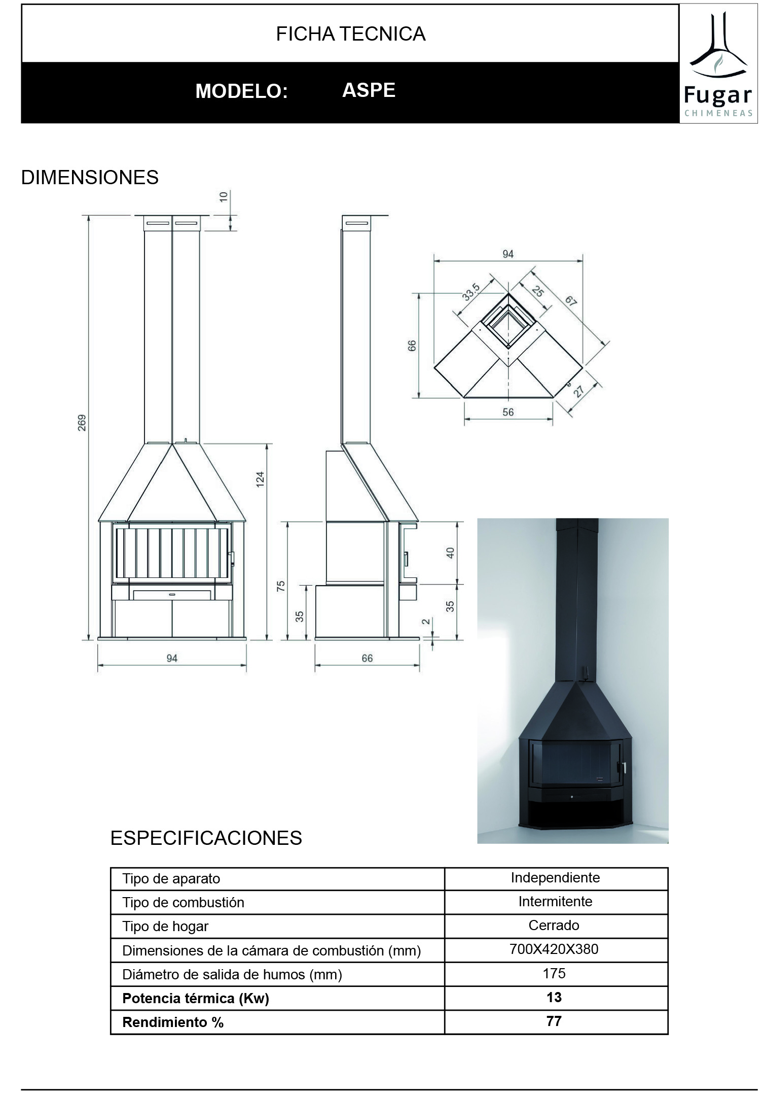 Corner Wood-burning Fireplace ASPE 13 kW - Fugar - Image 2